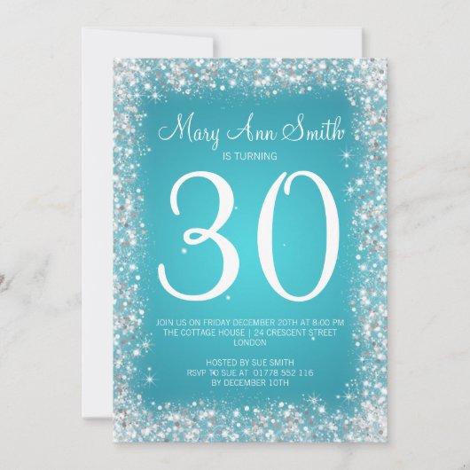 第30誕生会のきらめくなグリッターのターコイズ 招待状 (正面)
