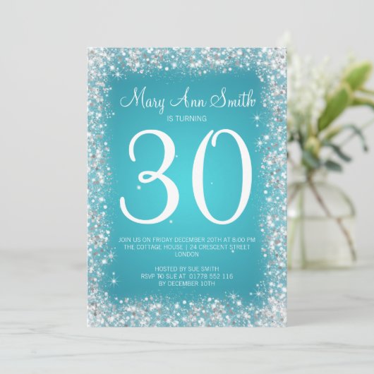 第30誕生会のきらめくなグリッターのターコイズ 招待状 (スタンド正面)