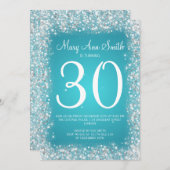第30誕生会のきらめくなグリッターのターコイズ 招待状 (正面/裏面)