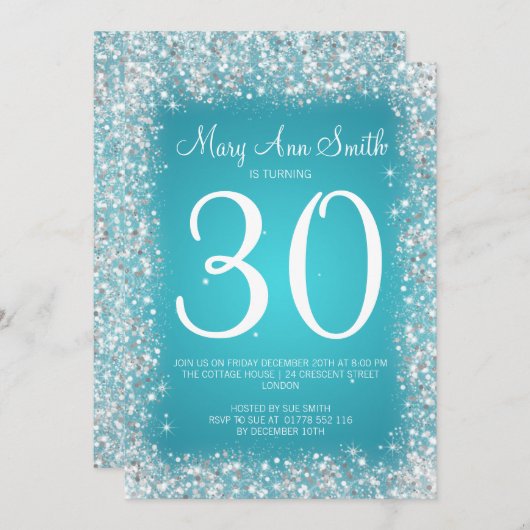 第30誕生会のきらめくなグリッターのターコイズ 招待状 (正面/裏面)