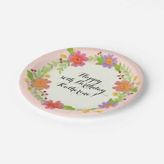 第30誕生会の水彩画のモダンの花柄 ペーパープレート (アングル)