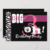 第30誕生会-ピンクのシマウマのテンプレート 招待状 (正面/裏面)