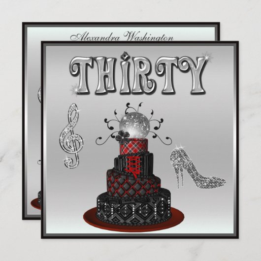 第30誕生日のディスコの花型女性歌手のケーキの輝きのかかと 招待状 (正面/裏面)