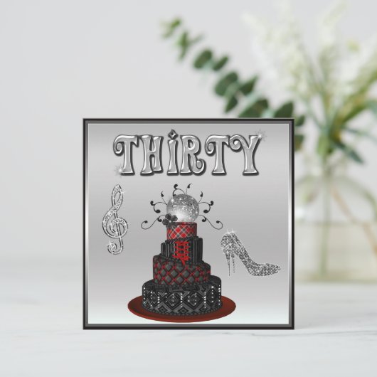 第30誕生日のディスコの花型女性歌手のケーキの輝きのかかと 招待状 (スタンド正面)