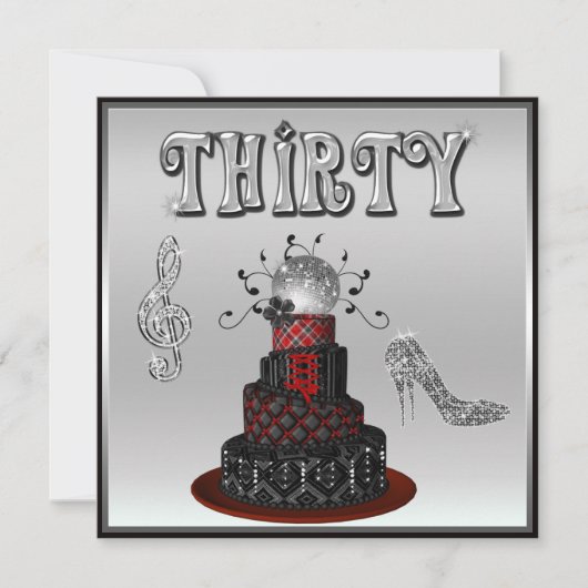 第30誕生日のディスコの花型女性歌手のケーキの輝きのかかと 招待状 (正面)