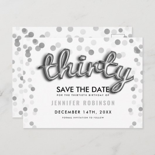 第30誕生日の保存日付の銀の気球 案内ポストカード (正面/裏面)