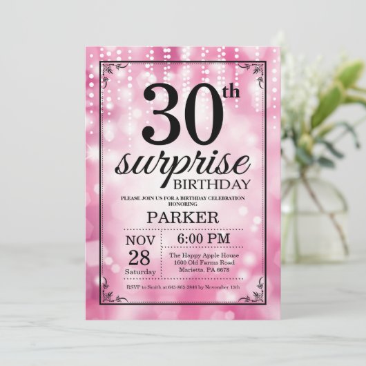 第30誕生日の招待状のピンクのグリッターを驚かして下さい 招待状 (スタンド正面)