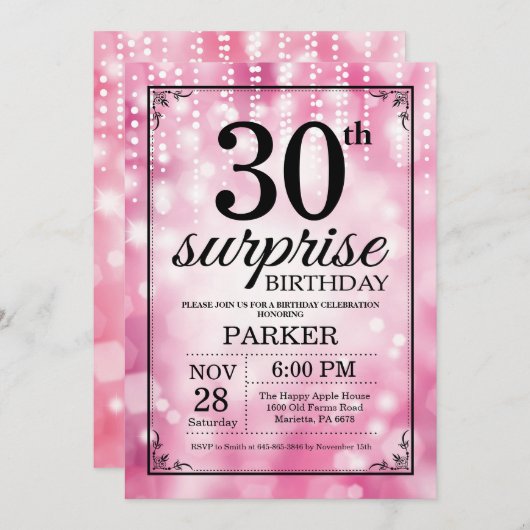 第30誕生日の招待状のピンクのグリッターを驚かして下さい 招待状 (正面/裏面)