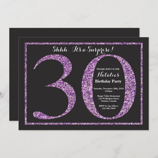 第30誕生日の招待状の紫色のグリッターを驚かして下さい 招待状 (正面/裏面)