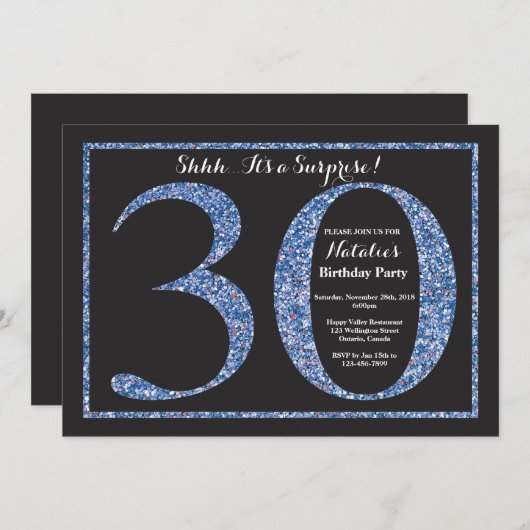第30誕生日の招待状の青いグリッターを驚かして下さい 招待状 (正面/裏面)