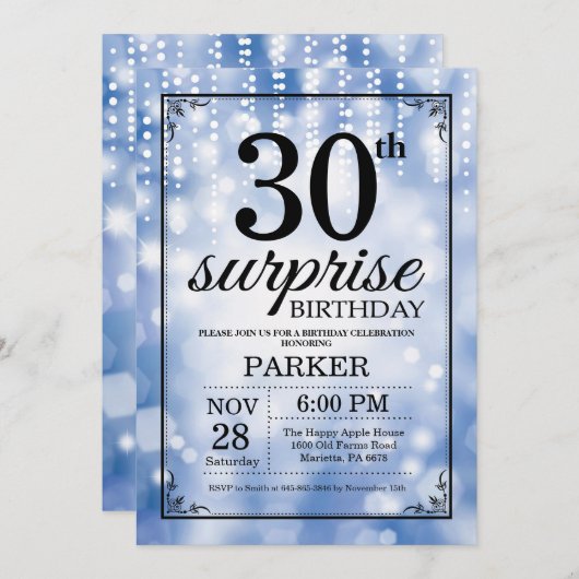 第30誕生日の招待状の青いグリッターを驚かして下さい 招待状 (正面/裏面)