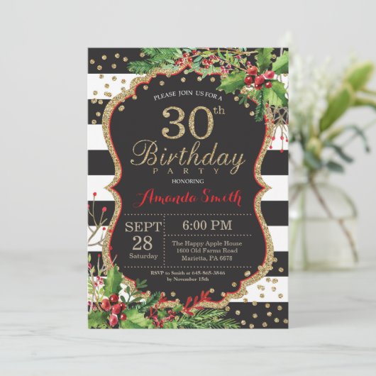 第30誕生日の招待状。 クリスマスの赤く黒い金ゴールド 招待状 (スタンド正面)