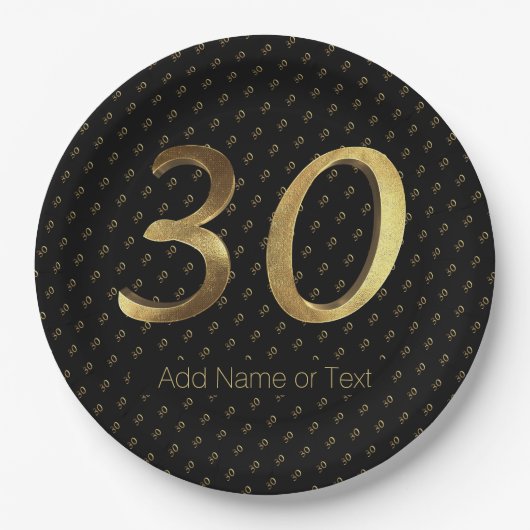 第30誕生日の結婚記念日の黒および金ゴールド ペーパープレート (正面)