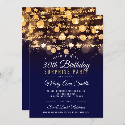 第30誕生日の金ゴールド及び海軍招待状を驚かして下さい 招待状 (正面/裏面)