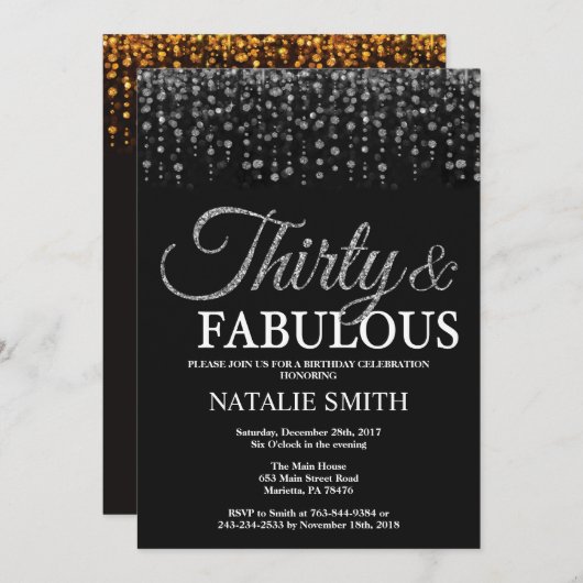 第30誕生日30およびすばらしい銀製のグリッター 招待状 (正面/裏面)