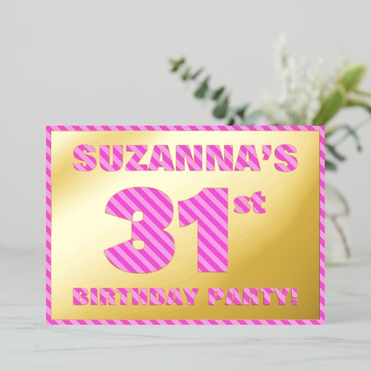 第31回バースデーはっきりしたタパーティー – おもしろい、ピンクストライプ色の# 31 箔招待状 (立ち正面)