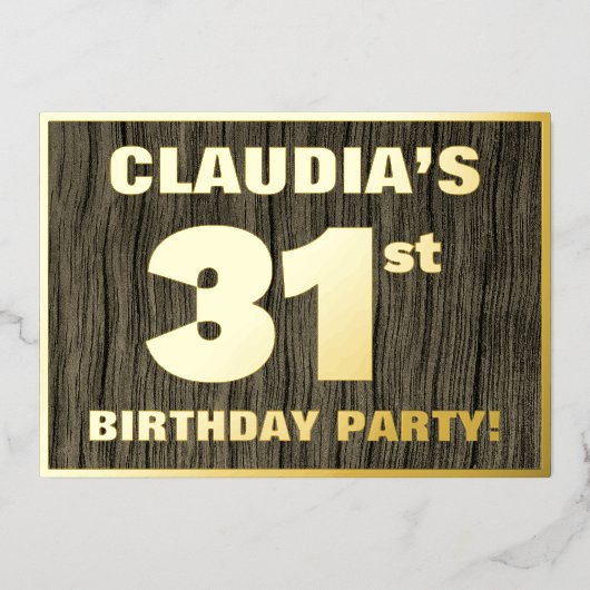 第31回誕生日パーティーはっきりした:木目フェイク模様 箔招待状 (正面)