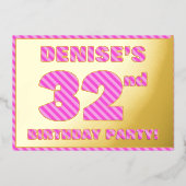 第32回バースデーはっきりしたタ・パーティ：おもしろい、ピンクストライプ・数32 箔招待状 (正面)
