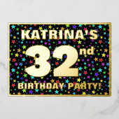 第32回バースデーパーティー – おもしろい、スターカラフルズ・パターン 箔招待状 (正面)