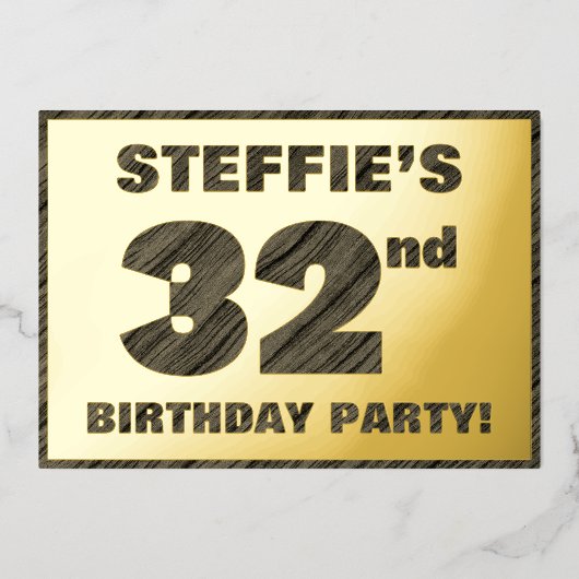 第32回バースデーパーティー – はっきりした、ウッドグフェイクレイン文字 箔招待状 (正面)
