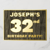 第32回誕生日パーティーはっきりした:木フェイク目の模様 箔招待状 (正面)