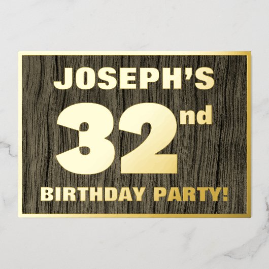 第32回誕生日パーティーはっきりした:木フェイク目の模様 箔招待状 (正面)