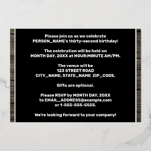 第32回誕生日パーティーはっきりした:木フェイク目の模様 箔招待状 (裏面)