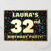 第32回誕生日パーティー – おもしろい、音楽カラフル記号 箔招待状 (正面)