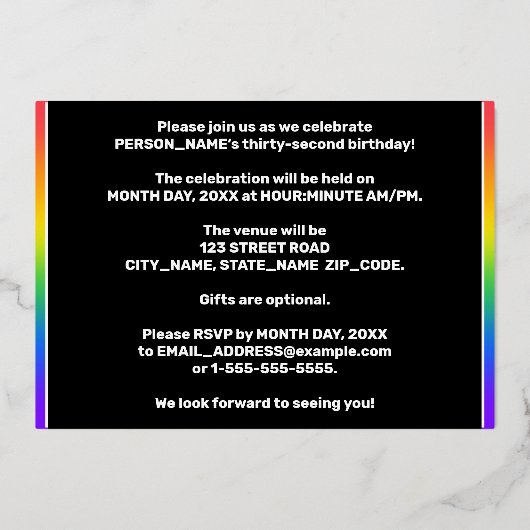 第32回誕生日パーティー – おもしろい、音楽カラフル記号 箔招待状 (裏面)