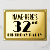 第32回誕生日パーティー – アールデコの外観:「32」 +名前 箔招待状 (正面)