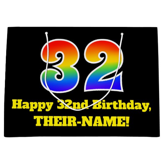 第32誕生日~おもしろい, カラフル, 鮮やか, Rainbow 32 ラージペーパーバッグ (正面)