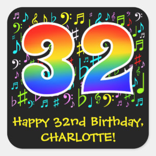 第32誕生日:ミュージカラフルックシンボル，レインボー32 スクエアシール