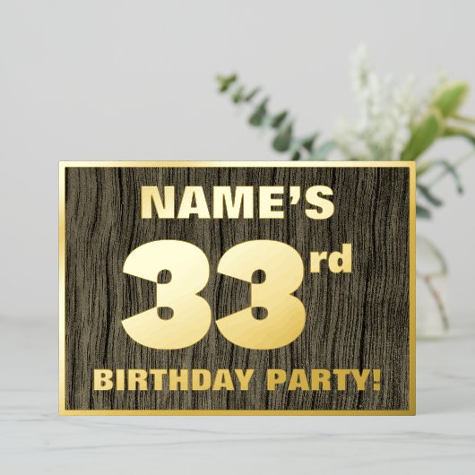 第33回誕生日パーティはっきりしたーフェイク:, Wood Grain Pattern 箔招待状 (立ち正面)