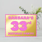 第33回誕生日パーティはっきりした:おもしろい、ピンクストライプ色の 箔招待状 (立ち正面)