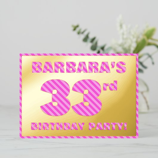 第33回誕生日パーティはっきりした:おもしろい、ピンクストライプ色の 箔招待状 (立ち正面)