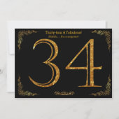 第34誕生会、Gatsbyのstyl、黒い金ゴールドのグリッター 招待状 (正面)