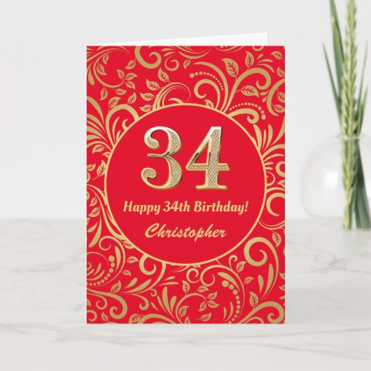 第34誕生日赤・金ゴールド花柄 カード (正面)