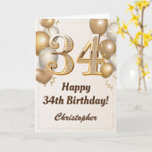 第34誕生日金ゴールドバルーン及び紙吹雪誕生日 カード (黄色い花)