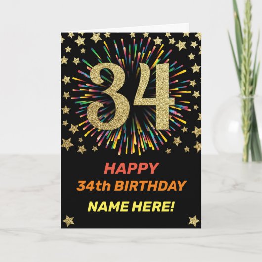 第34誕生日Fireworks虹金ゴールドおもしろい カード (正面)