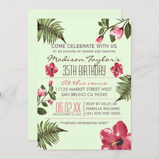 第35パーティーエキゾチックなハイビスカス&トロピカルパーム離れ 招待状 (正面/裏面)