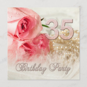 第35回誕生日パーティーの招待、バラ、真珠 招待状