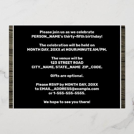 第35回誕生日パーティーはっきりした:木目フェイク模様 箔招待状 (裏面)