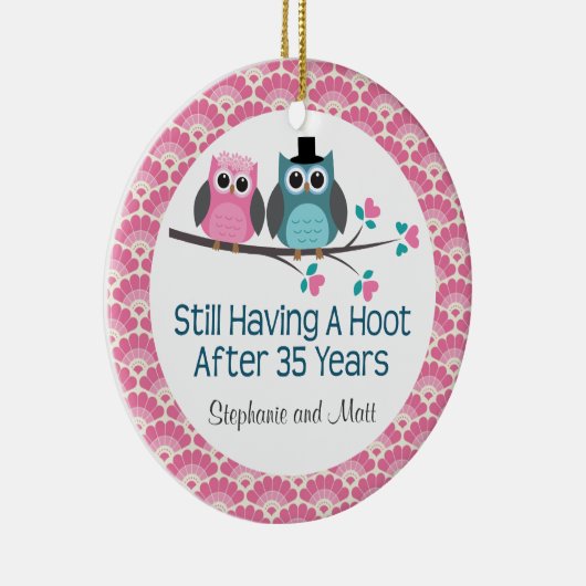 第35記念日のフクロウのパーソナライズなオーナメントのギフト セラミックオーナメント (右)