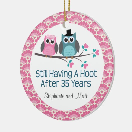 第35記念日のフクロウのパーソナライズなオーナメントのギフト セラミックオーナメント (左)
