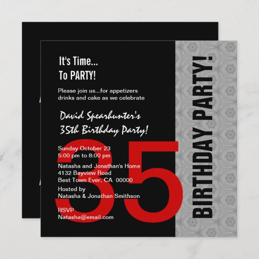 第35誕生日か年の赤い銀製の黒C846D 招待状 (正面/裏面)