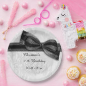 第35誕生日の黒いダマスク織およびフェイクな弓 ペーパープレート (パーティー)