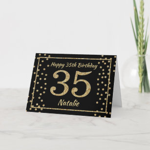 第35誕生日ブラックおよび金ゴールドグリッター紙吹雪カード カード