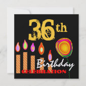 第36誕生日の金ゴールドキャンドルと風船メタリック 招待状 (正面)