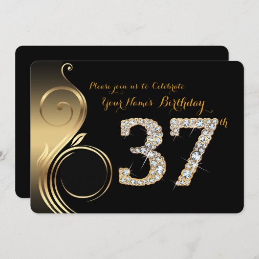 第37の誕生日の招待状、数ダイヤモンド、写真 招待状 (正面/裏面)