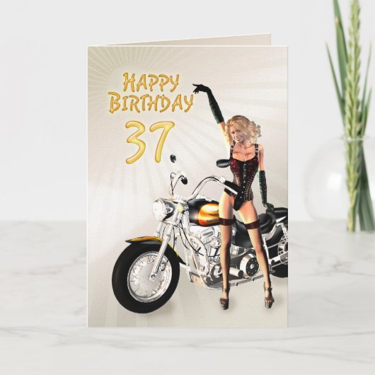 第37モーターバイクの女の子が付いているバースデー・カード カード (正面)